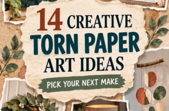 Cover for 14 torn paper art ideas featuring handmade landscape, shadow box, wreath, mobile, and lantern decor.