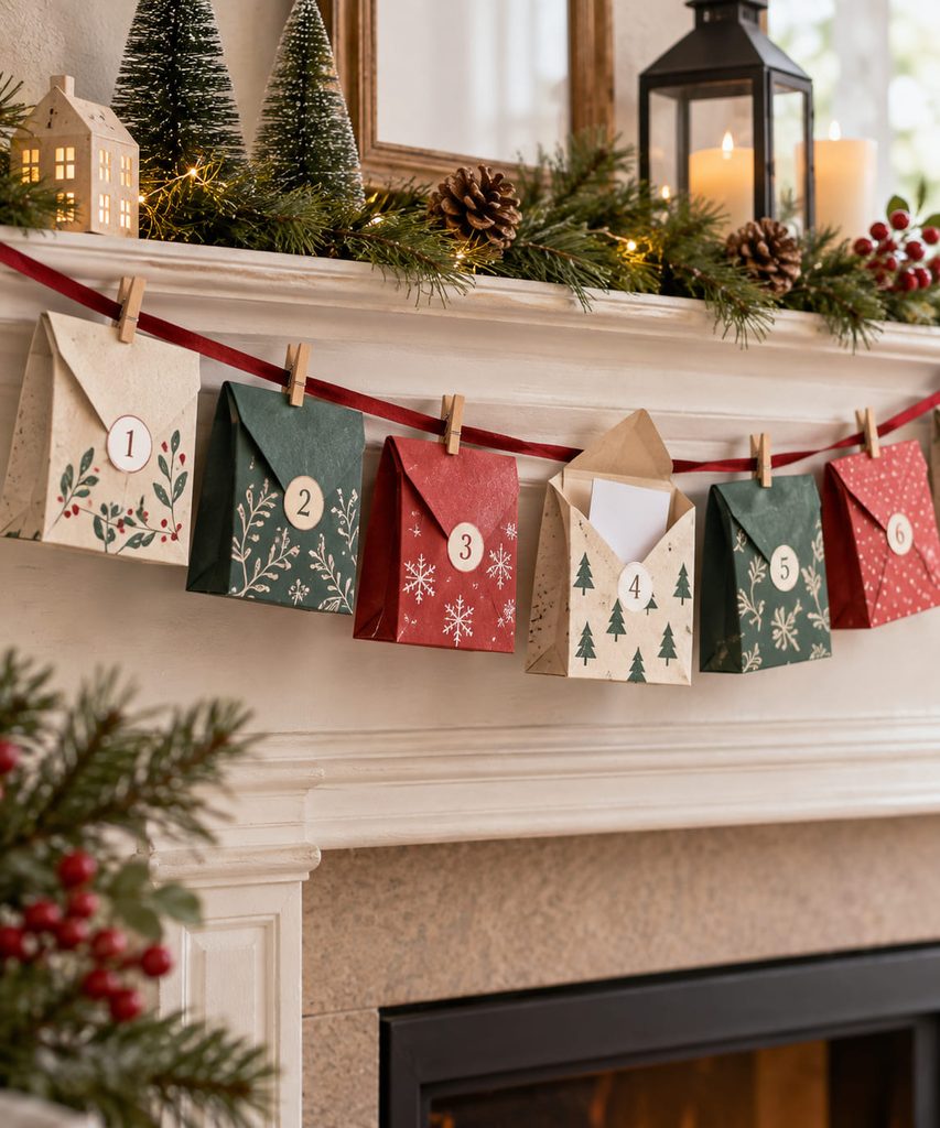 Paper advent calendar ideas shown through a handmade accordion envelope garland above a holiday mantel.