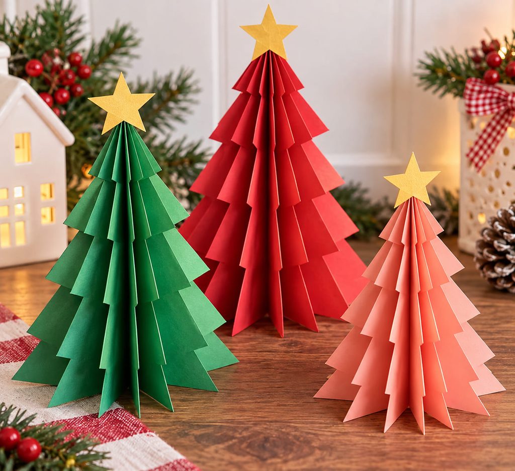 Construction paper Christmas crafts featuring colorful accordion-fold trees standing on a holiday tabletop.