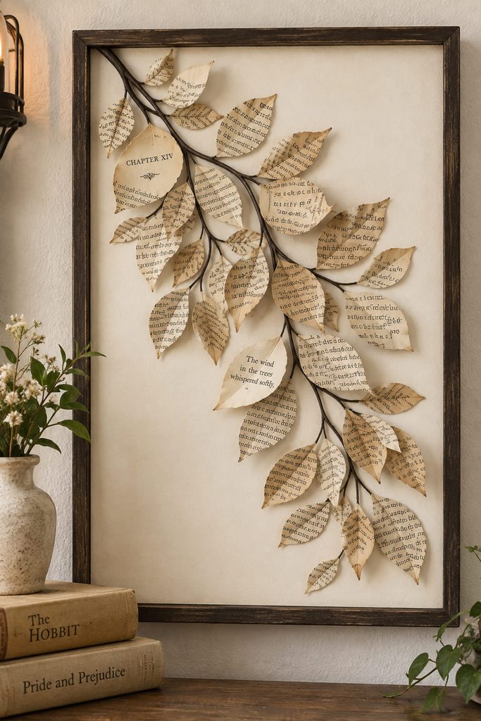 Book page wall decor with torn printed leaves arranged as a cascading botanical branch in a simple frame.