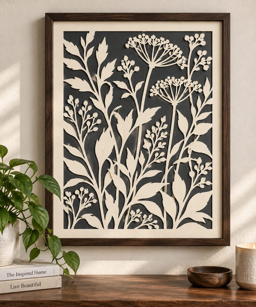 Framed botanical papercut art in cream cardstock over a charcoal backing with leaf-shaped negative space.