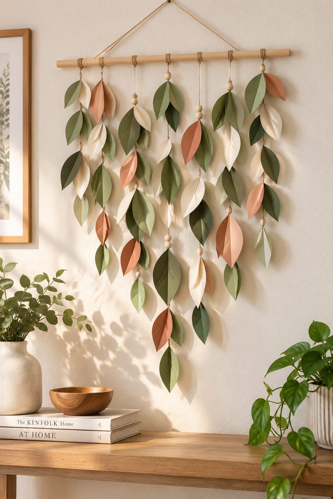 DIY paper wall hanging ideas shown in a cascading folded-leaf dowel decoration above a neutral console.