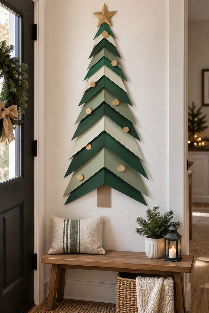 Slim green chevron-strip display for paper Christmas tree wall ideas on a cream wall above a narrow bench.