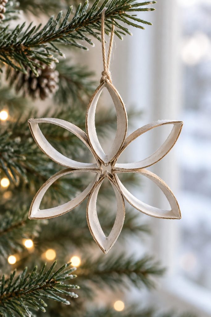 Toilet paper roll snowflakes can begin with six flattened cardboard rings arranged as a simple ivory hanging ornament.