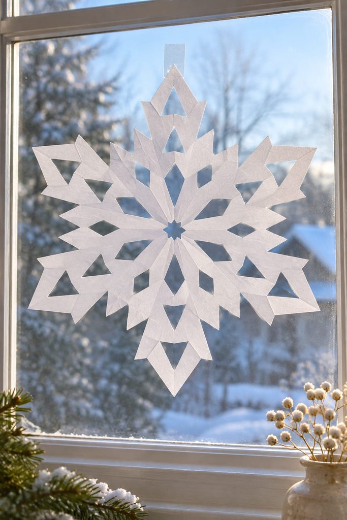 Paper snowflake patterns shown in a classic white six-point design with triangle and diamond cutouts on a bright winter window.