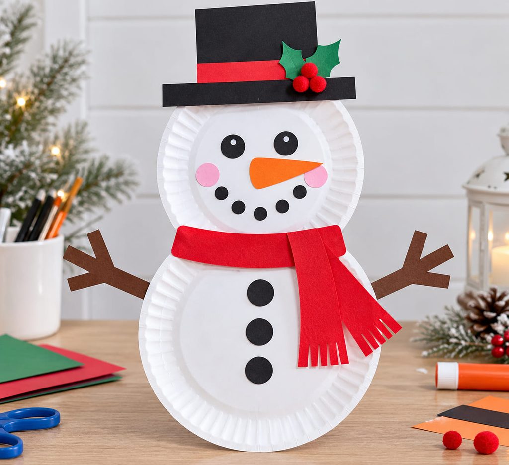 Classic two-plate paper plate snowman with scarf and paper hat