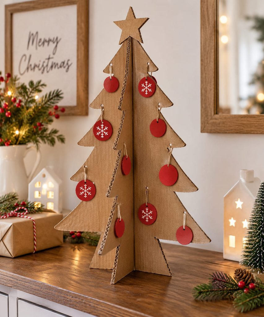 Cardboard Christmas crafts shown as a cross-slot tabletop tree cut from corrugated shipping-box panels on a holiday table.