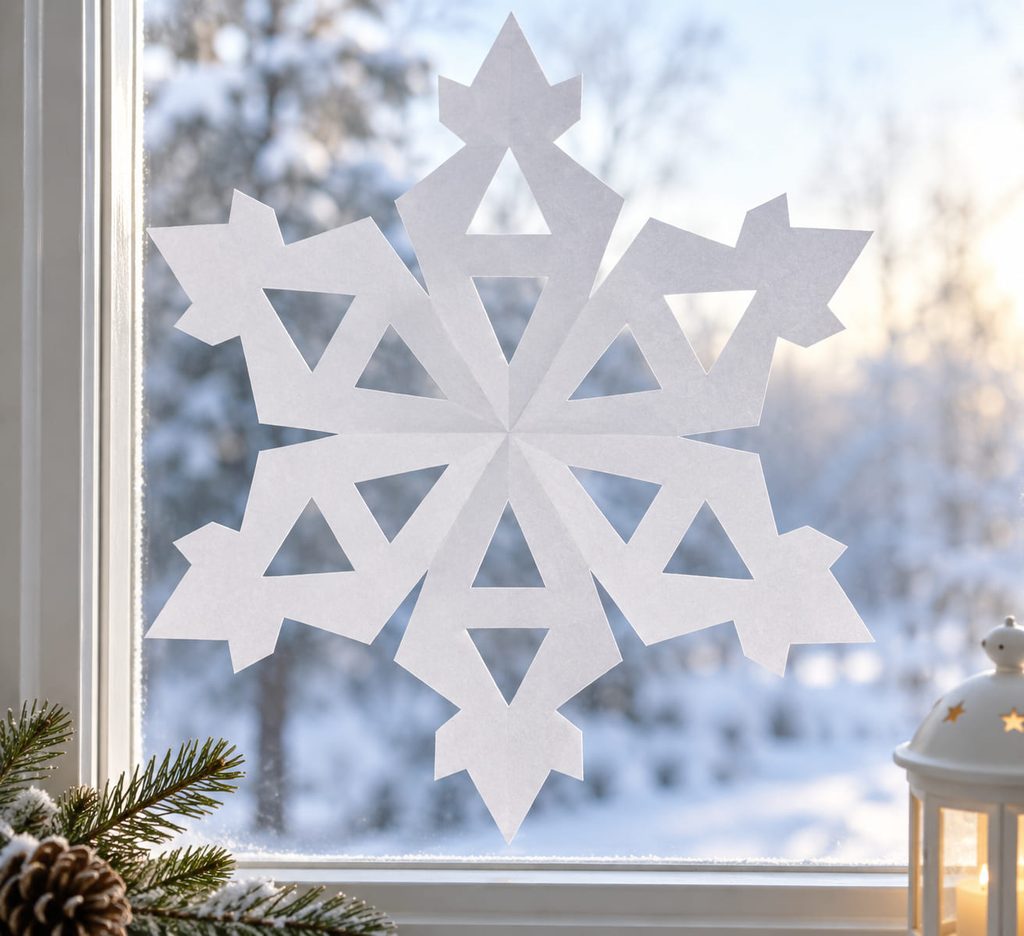 Simple white paper snowflakes with broad triangle cuts displayed against a bright winter window.