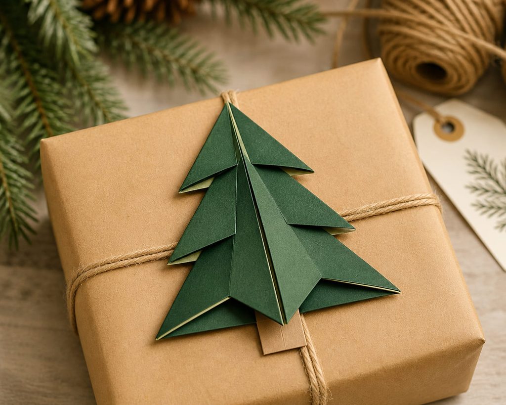 Origami Christmas tree ideas shown by a flat green kite-fold tree topper on a wrapped kraft gift.