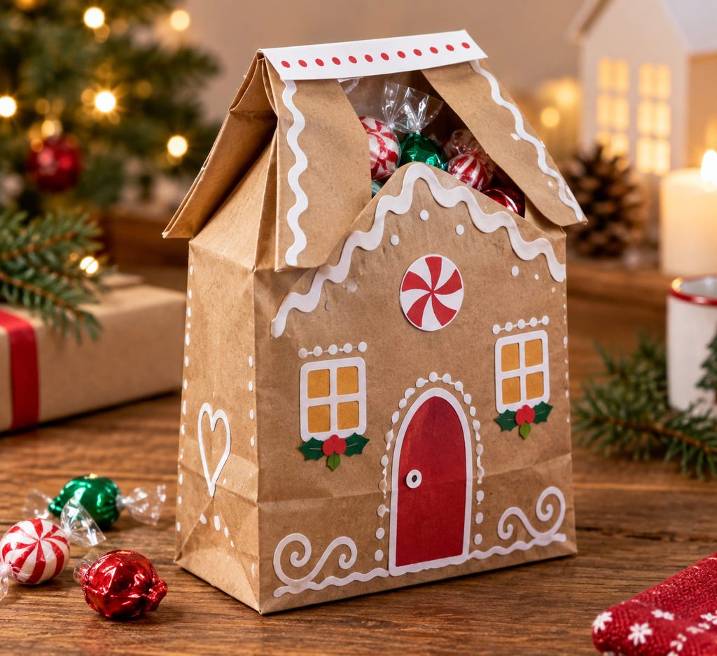 Fold-top kraft treat bag with wrapped candy and white paper icing, one of the paper bag gingerbread house ideas in the collection.