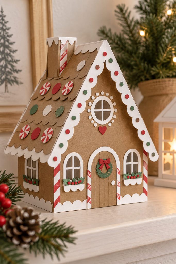Folded A-frame paper gingerbread house with kraft walls, white icing trim, candy accents, and a steep roof on a holiday shelf.