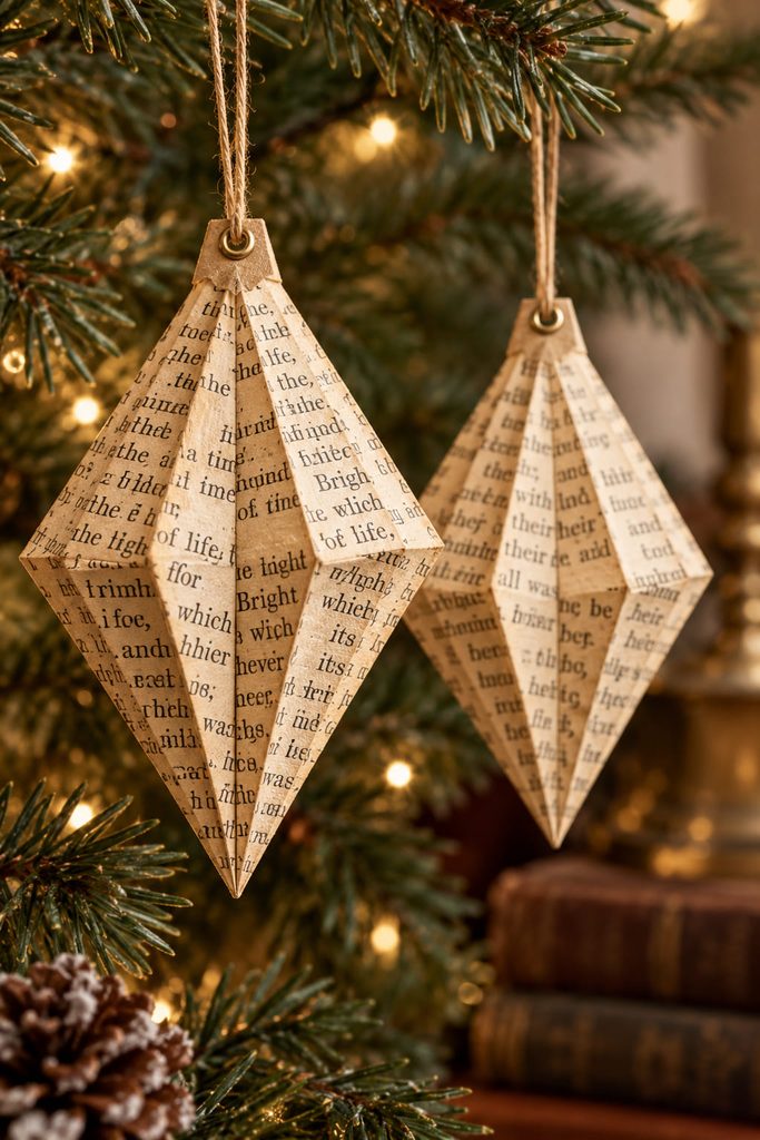 Two faceted diamond book page ornaments hanging from evergreen branches in warm vintage tones.