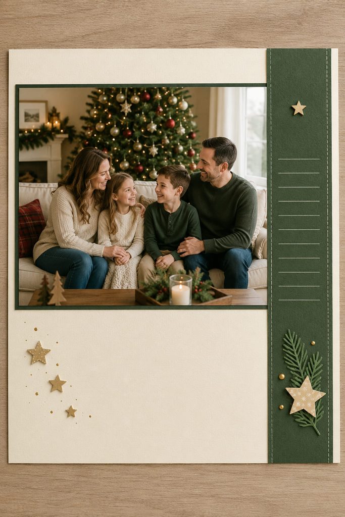 Christmas scrapbook layouts example featuring a full-width family photo and narrow green journaling rail on cream cardstock.