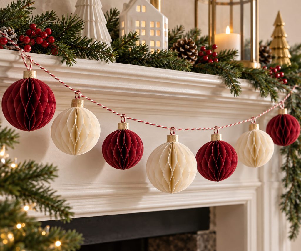 Honeycomb paper Christmas garlands with dimensional baubles draped across a simple holiday mantel.