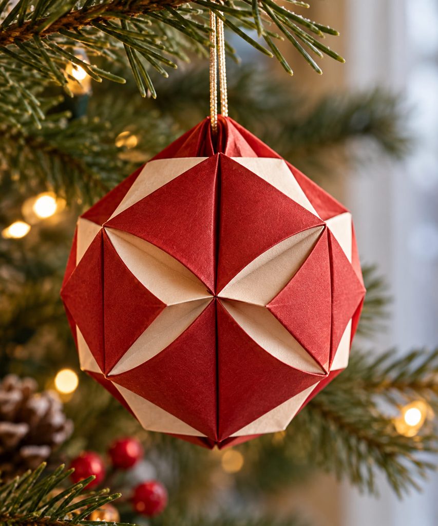 Inflated waterbomb bauble, one of the origami Christmas ornaments made from red double-sided paper, hanging on an evergreen branch.