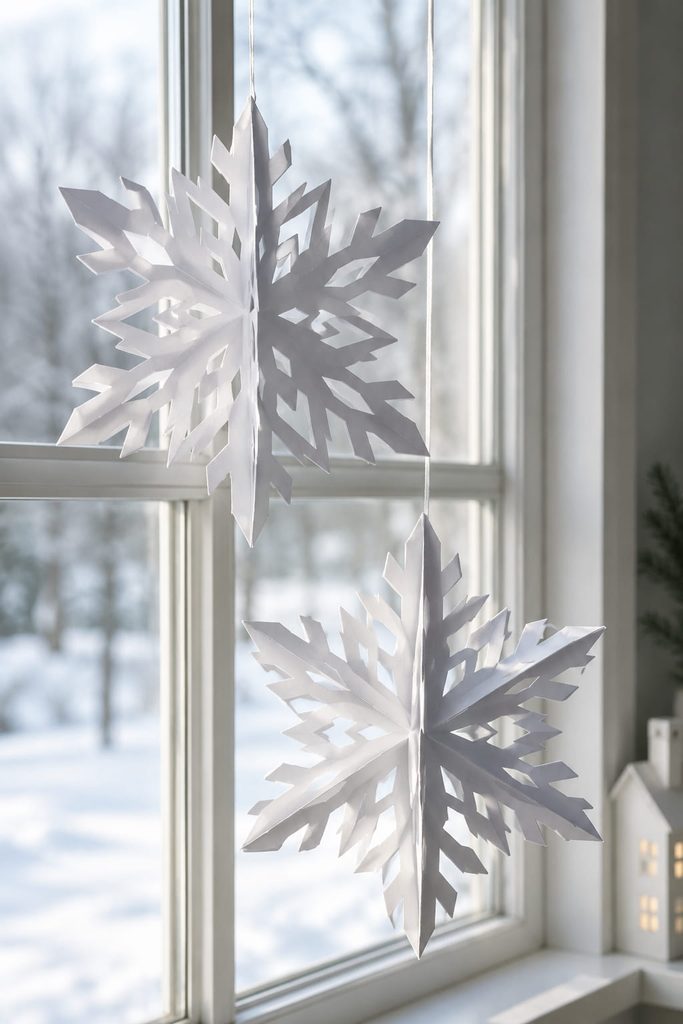 Two interlocking 3D paper snowflakes hanging at different heights in a bright winter window.