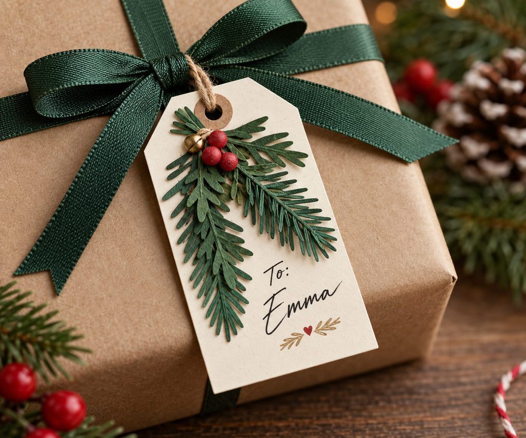 Christmas gift tags with a layered evergreen cardstock tag tied to a kraft-wrapped present.