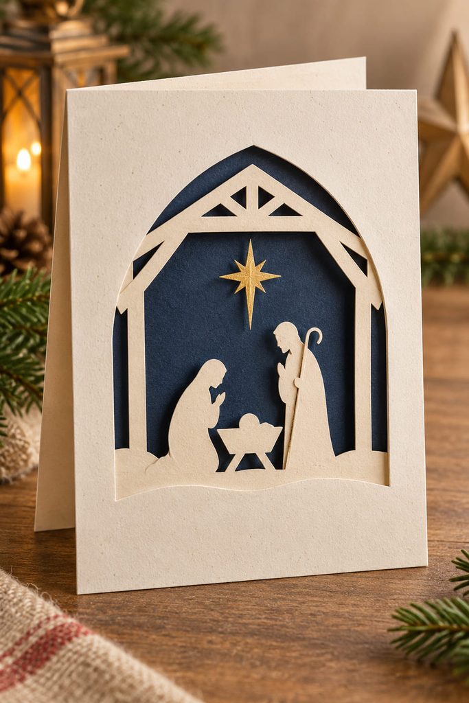 Christian Christmas cards featuring a layered nativity aperture in cream and midnight-blue cardstock with a single gold star.