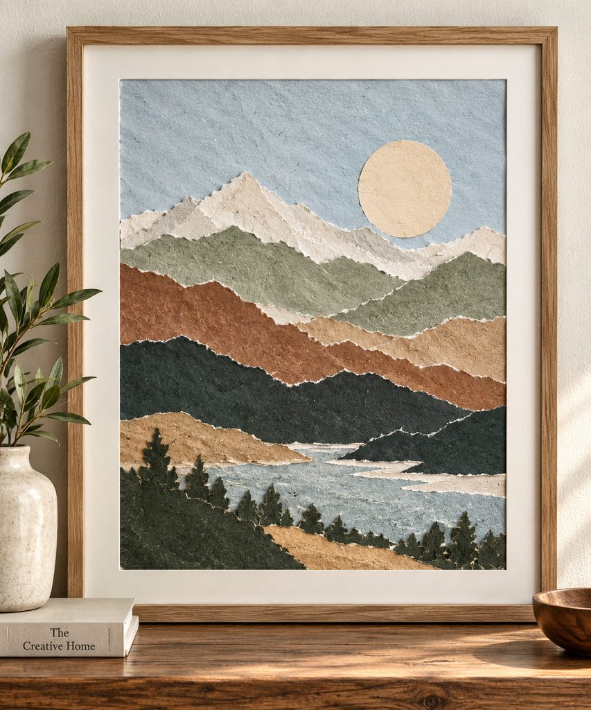 Framed torn paper art mountain landscape made with layered earthy paper ridges and deckled edges.