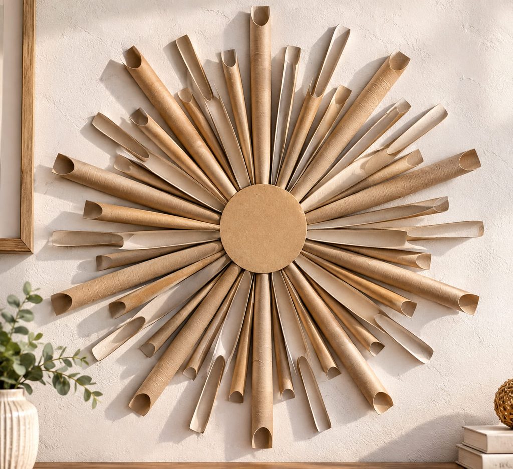 Paper towel roll art formed into a large radial sunburst with long curved cardboard ribs on a pale wall.
