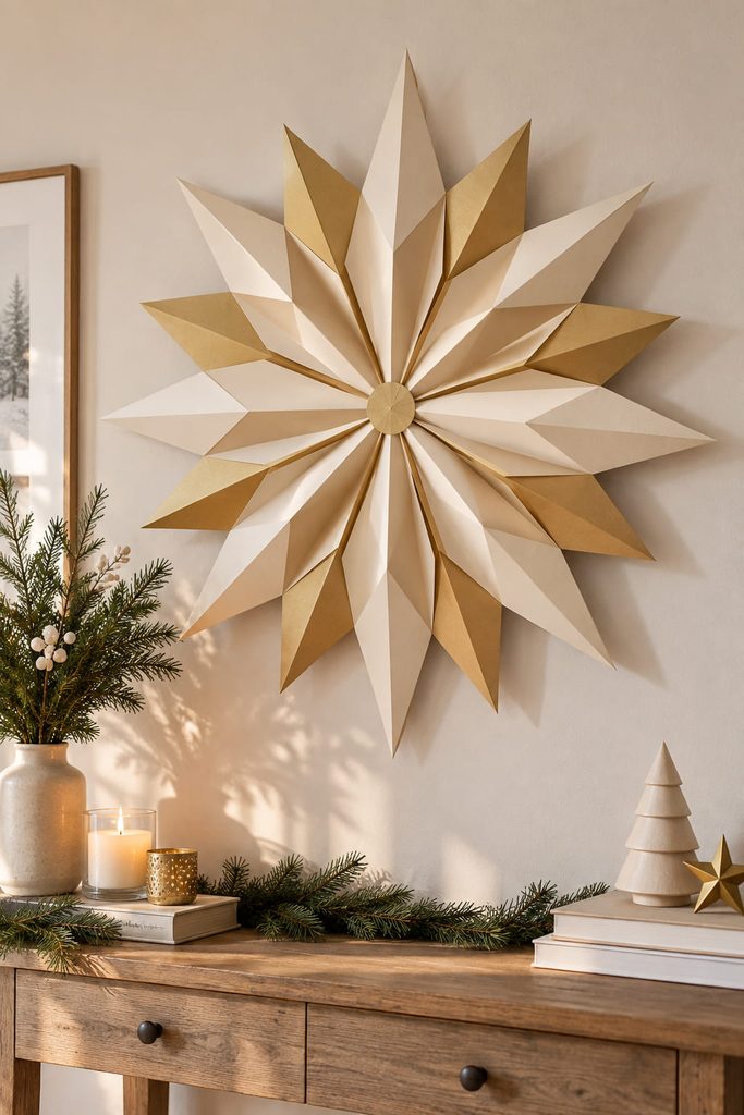 Modular paper star decorations form one oversized sculptural wall medallion above a narrow console.