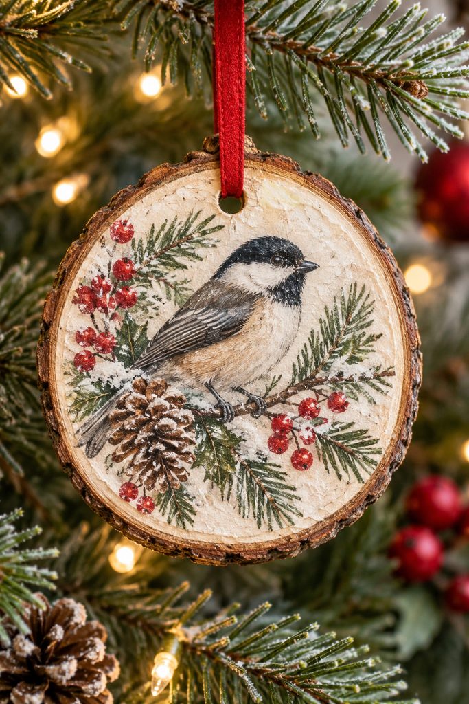 Christmas decoupage wood slice ornament with a winter botanical napkin motif, raw bark edge, and red ribbon hanging on evergreen.