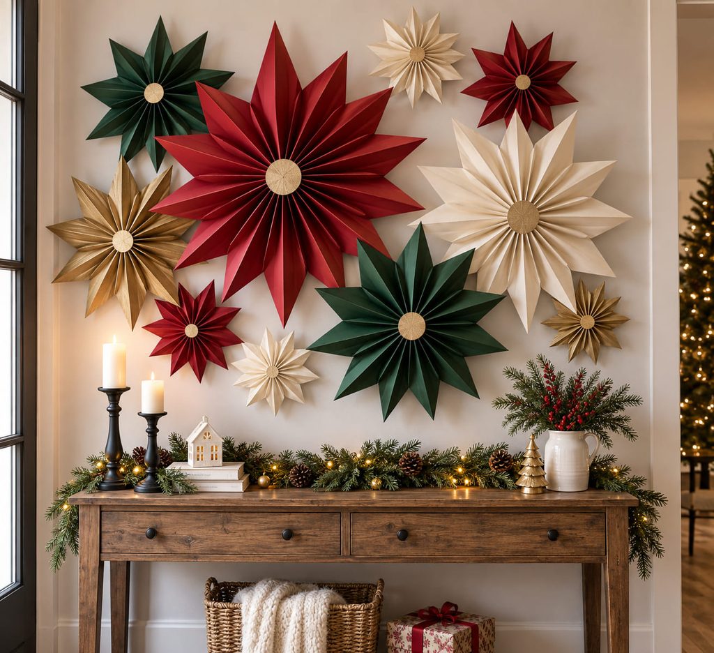 DIY paper Christmas decorations featuring oversized accordion stars clustered above a holiday console.