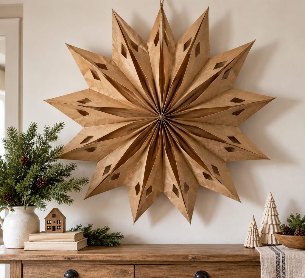 Oversized kraft paper bag stars used as a sculptural holiday wall focal point above a console.