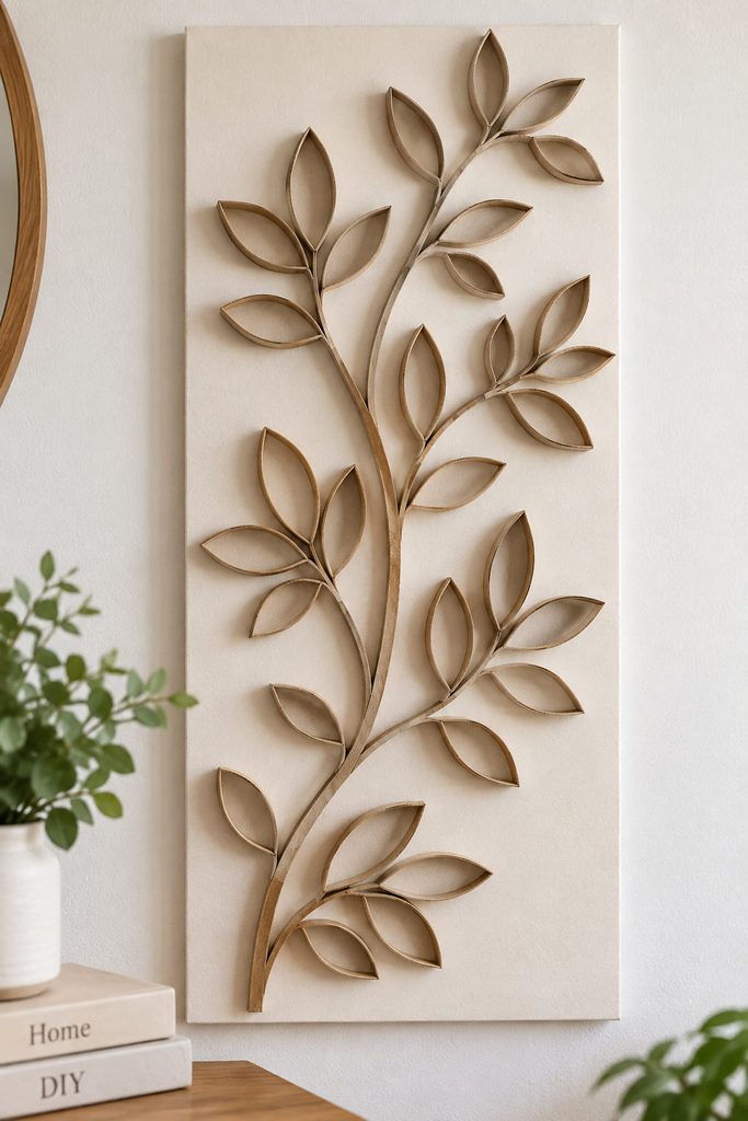 Toilet paper roll wall art arranged as a dimensional botanical branch with pointed cardboard leaves on a pale backing.