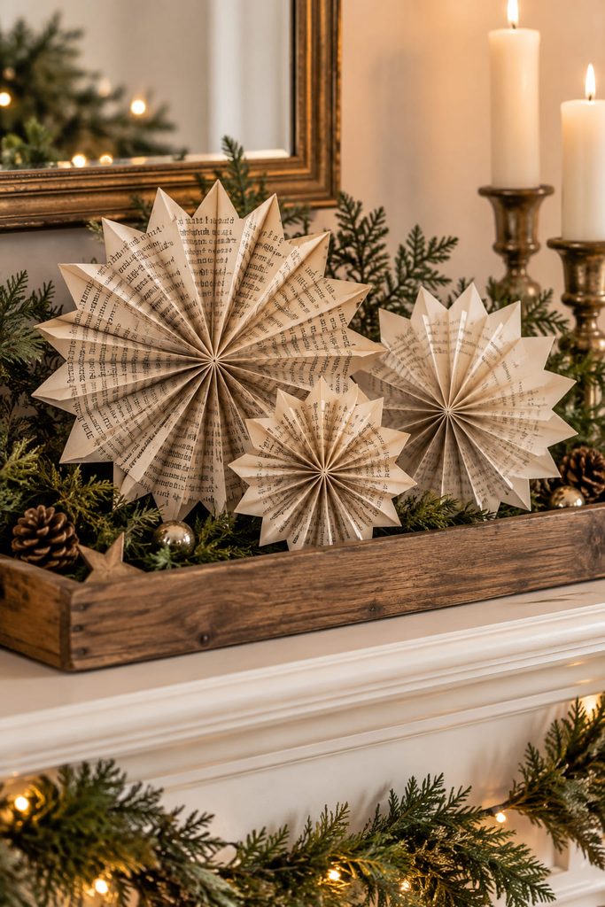 Pleated book-page paper star decor arranged in a shallow wood tray on a warm Christmas mantel.