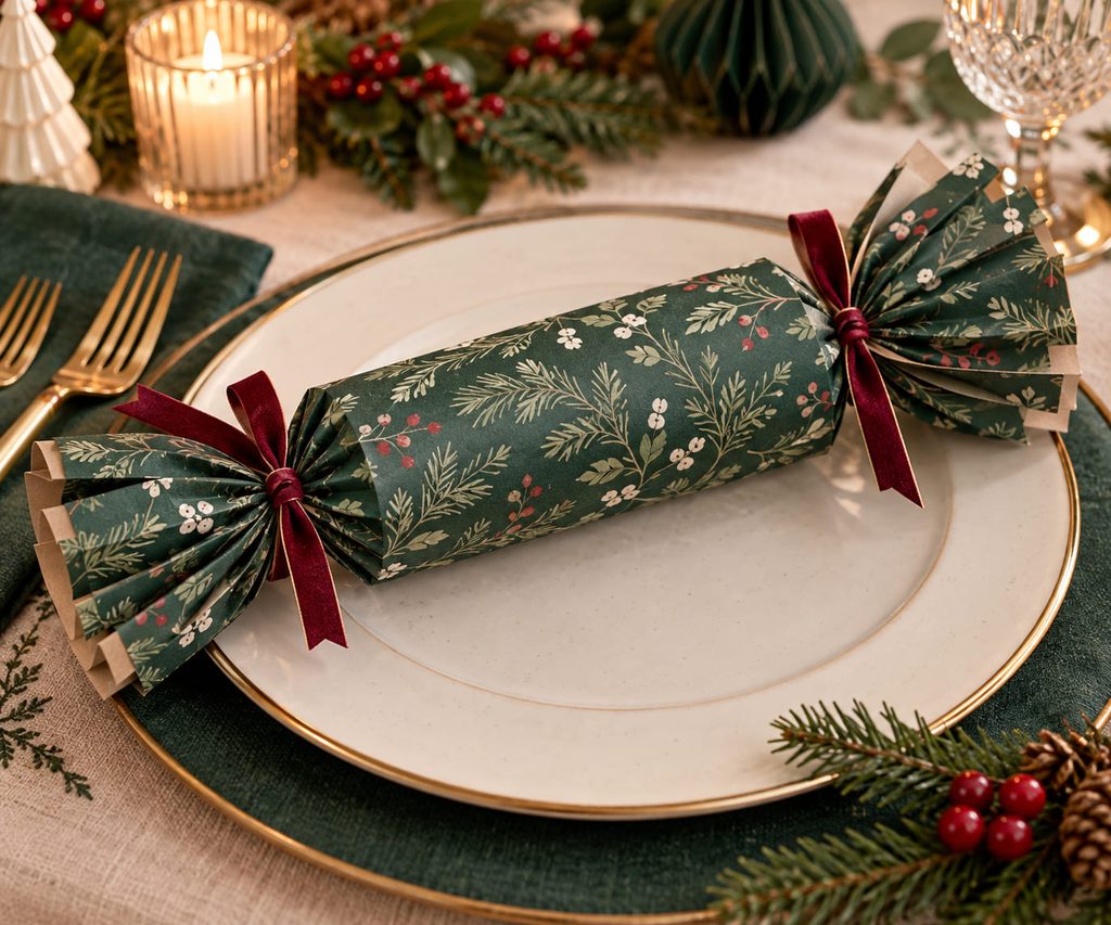 DIY Christmas crackers with crisp pleated necks beside a cream holiday place setting.