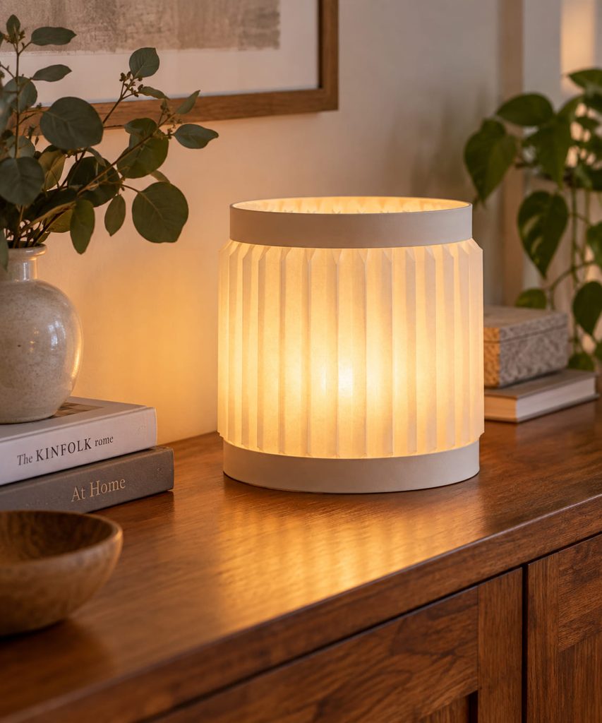 Paper lantern decor with a pleated vellum drum lantern glowing on a warm wood console.