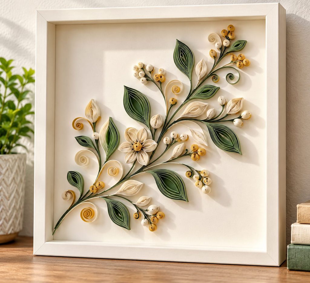 Framed botanical branch made as quilling paper art with delicate coils, leaves, and open scrolls.