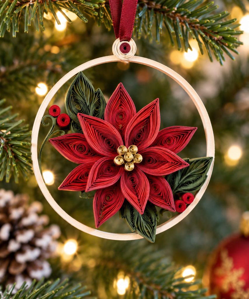 Red poinsettia hoop with layered paper petals and tiny coils, showing the fine detail possible in quilling Christmas ornaments.