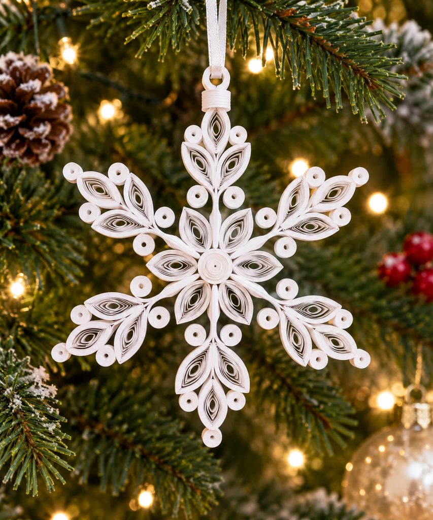 Christmas quilling ideas shown in a white snowflake ornament made from shaped paper coils on a green tree branch.