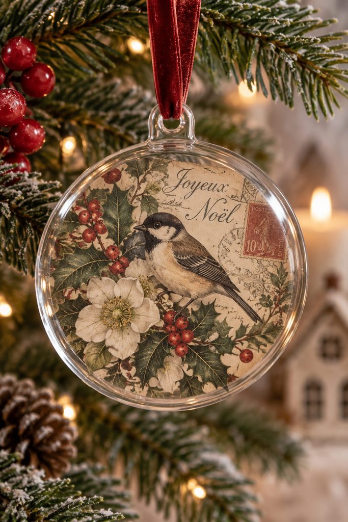 Decoupage Christmas ornaments shown as a clear acrylic disc with reverse-applied Victorian bird art and a transparent rim.