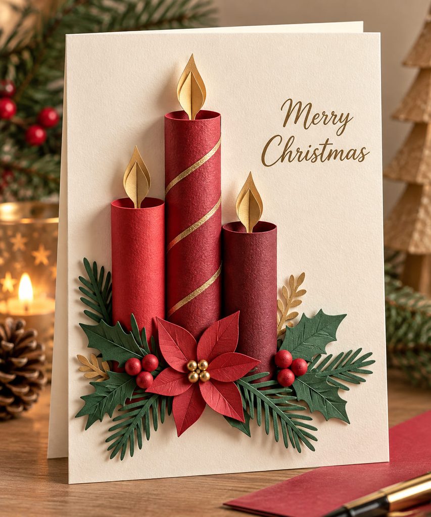 3D Christmas cards design with three rolled red paper candles and folded gold flames on a cream card front.