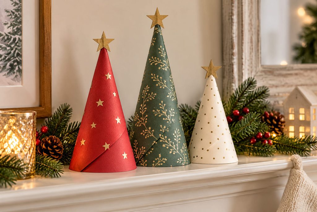 Paper Christmas crafts scene with three rolled cardstock cone trees arranged on a mantel in red, green, and cream.