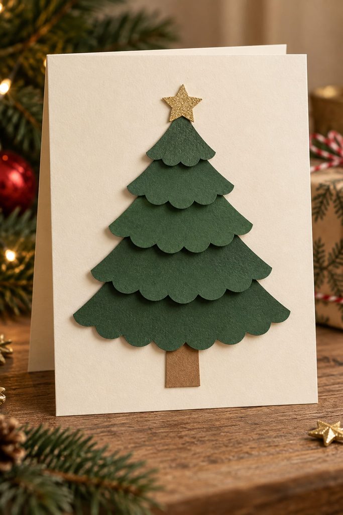 Christmas tree cards with layered scalloped evergreen boughs on cream cardstock and a small gold star.