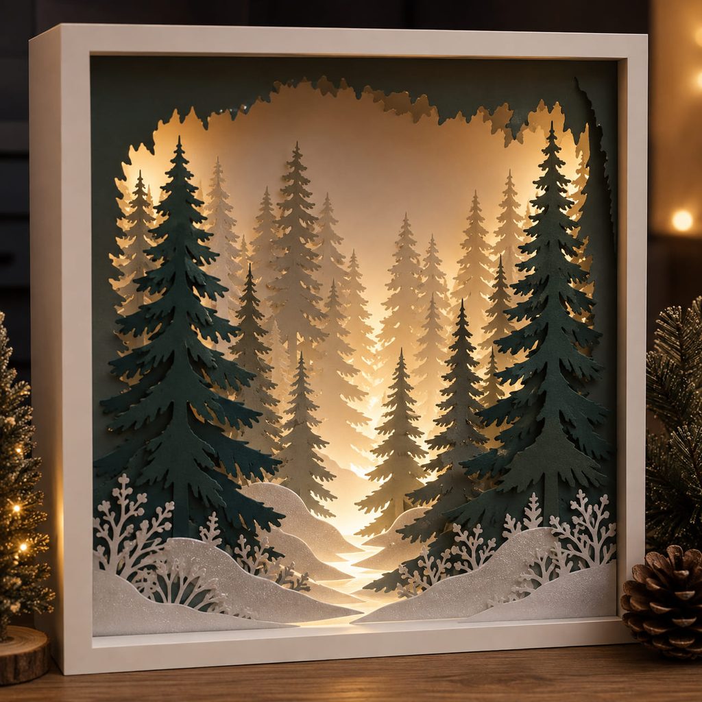 Christmas shadow box ideas shown as a layered snowy pine forest with warm backlighting.