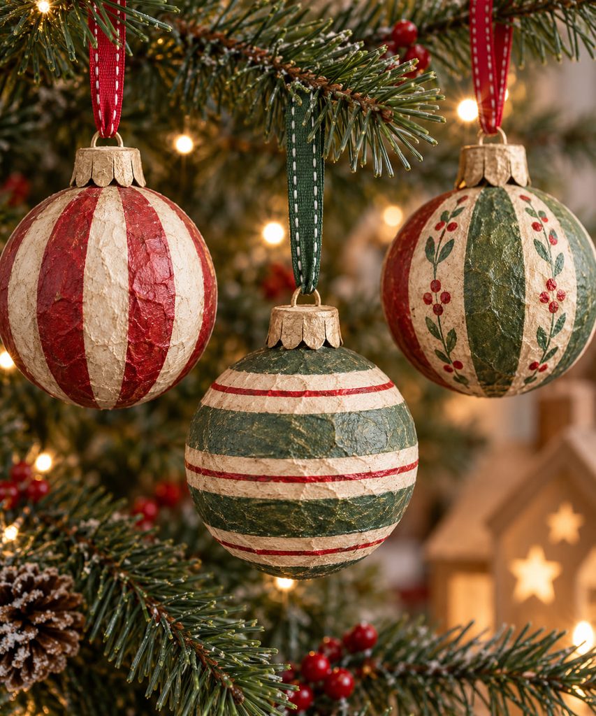 Striped globe paper mache Christmas ornaments hanging from evergreen branches with reinforced paper caps and ribbon loops.