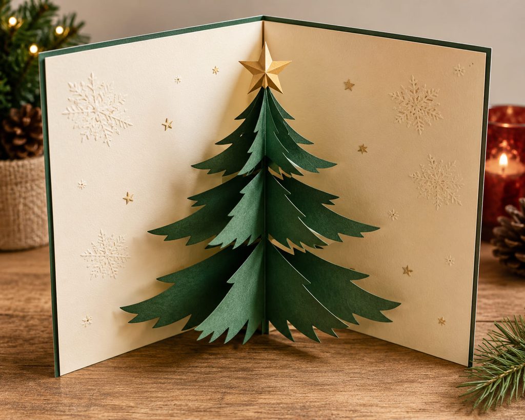 Pop up Christmas cards design with a green V-fold Christmas tree rising from cream cardstock.