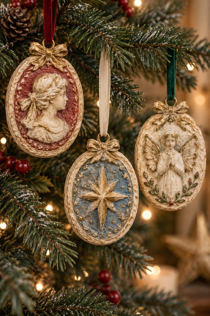 Three Victorian cameo medallions showing paper mache Christmas ideas in cream, faded red, dusty blue, and antique gold on fir branches.