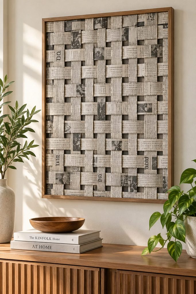 Newspaper wall decor featuring a woven strip panel in a shallow frame above a simple console.