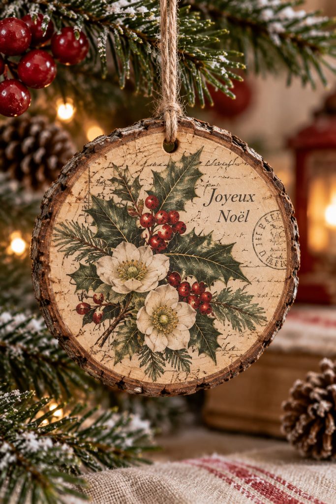 Bark-edge wood slice ornament with an antique botanical print and visible natural grain.