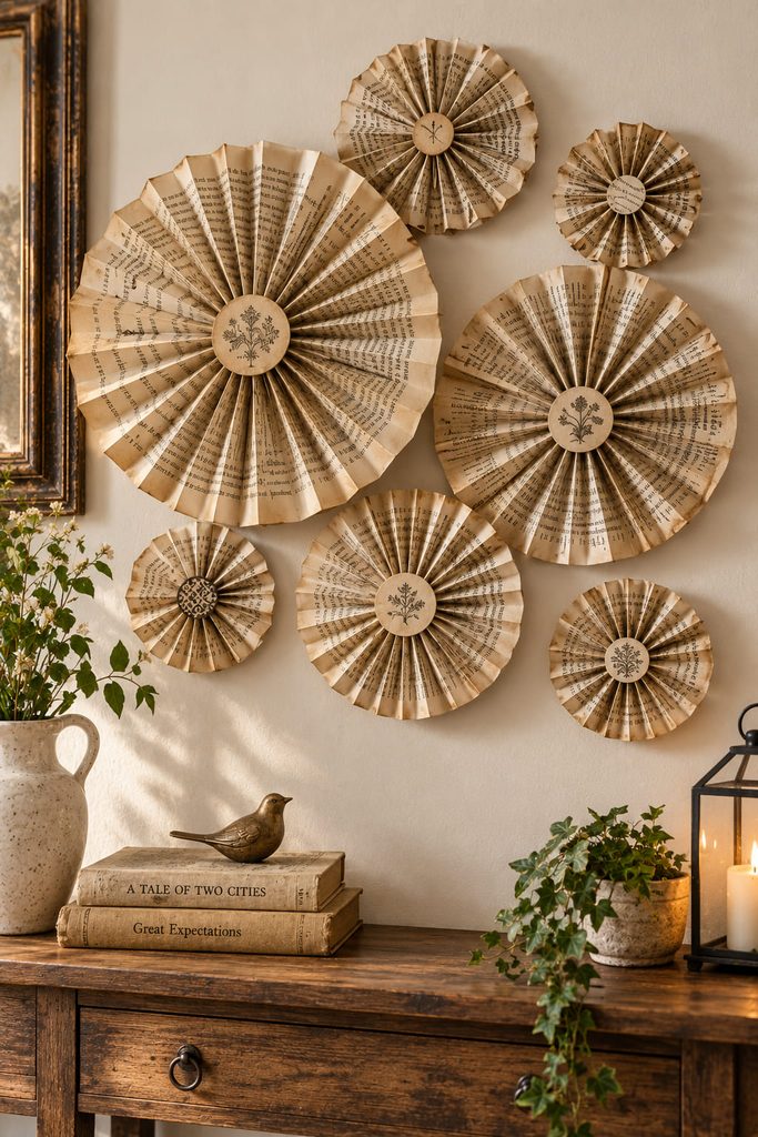 Pleated book-page rosettes in several sizes arranged as a dimensional vintage wall cluster.
