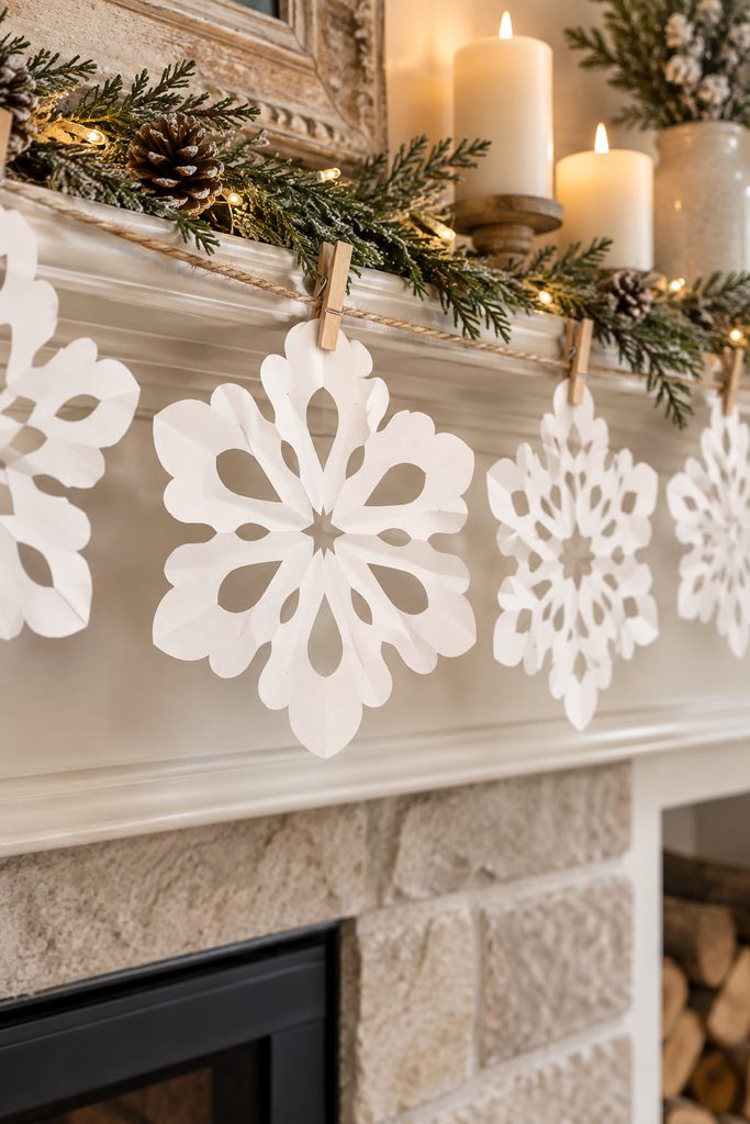 Broad scallop paper snowflake clipped to a simple winter garland above a neutral mantel.