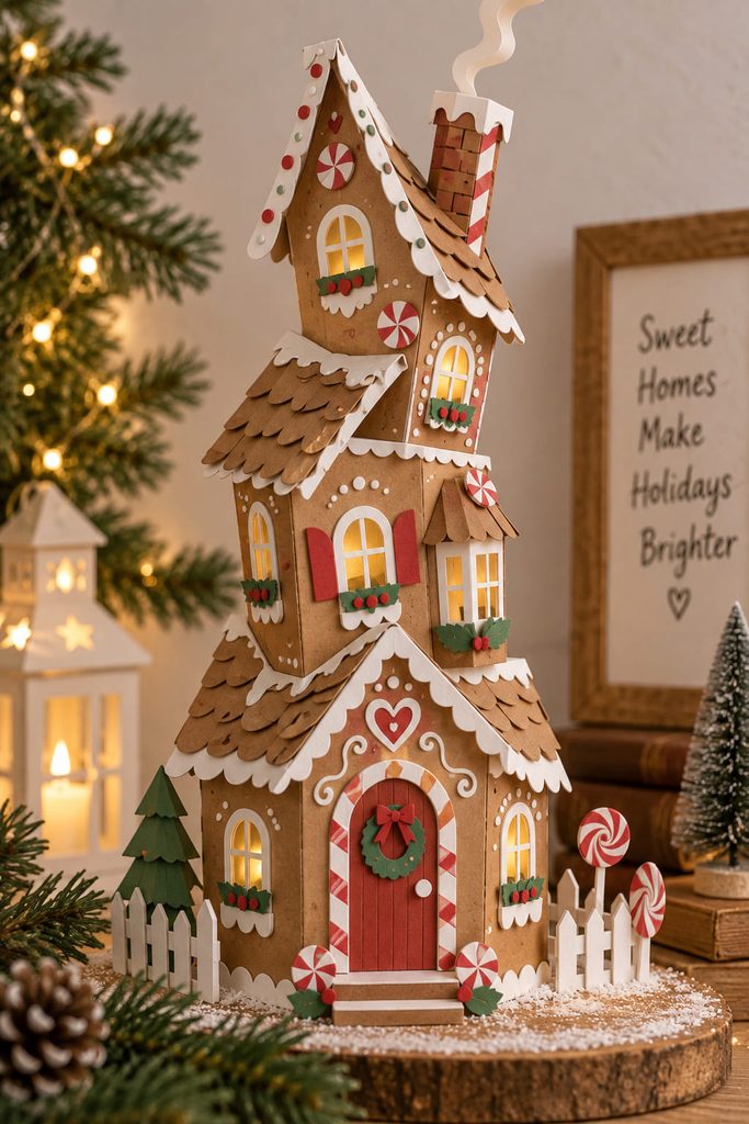 Tall crooked gingerbread tower house built from stacked kraft-cardstock sleeves with tiny windows and curled paper shingles.