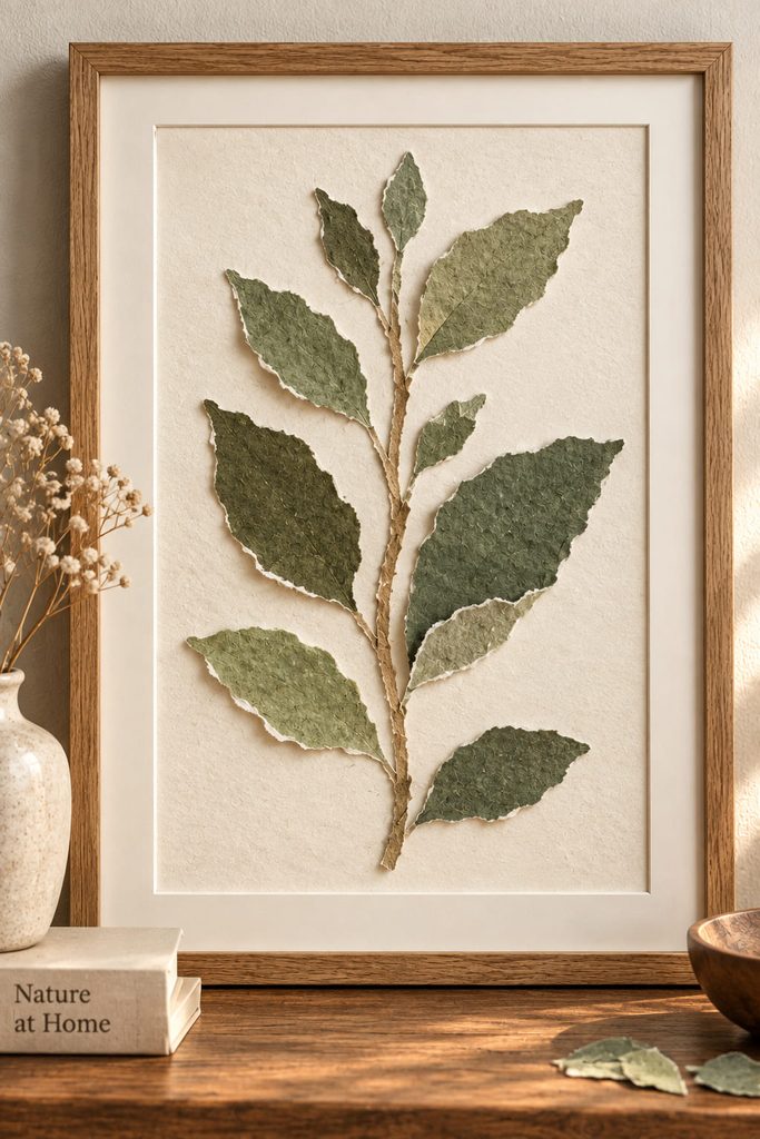 Minimal botanical panel made from fibrous torn-paper leaves on a warm neutral backing.