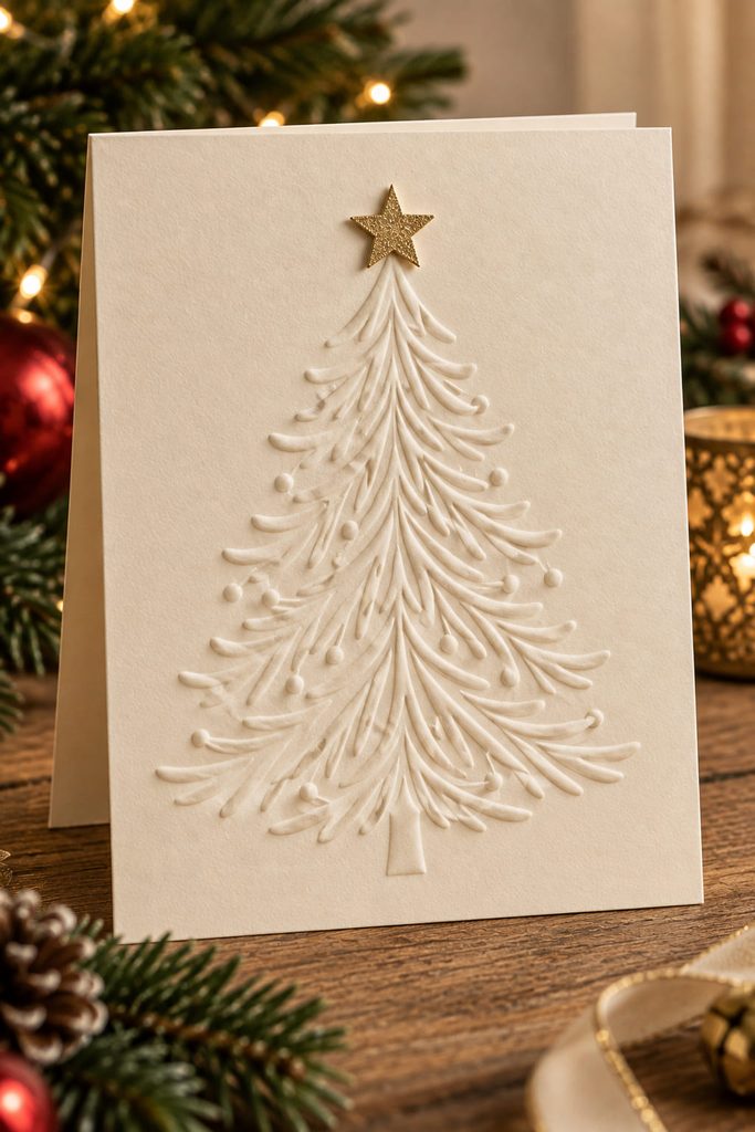 Ivory Christmas card with a dry-embossed evergreen tree and subtle raised branch lines.